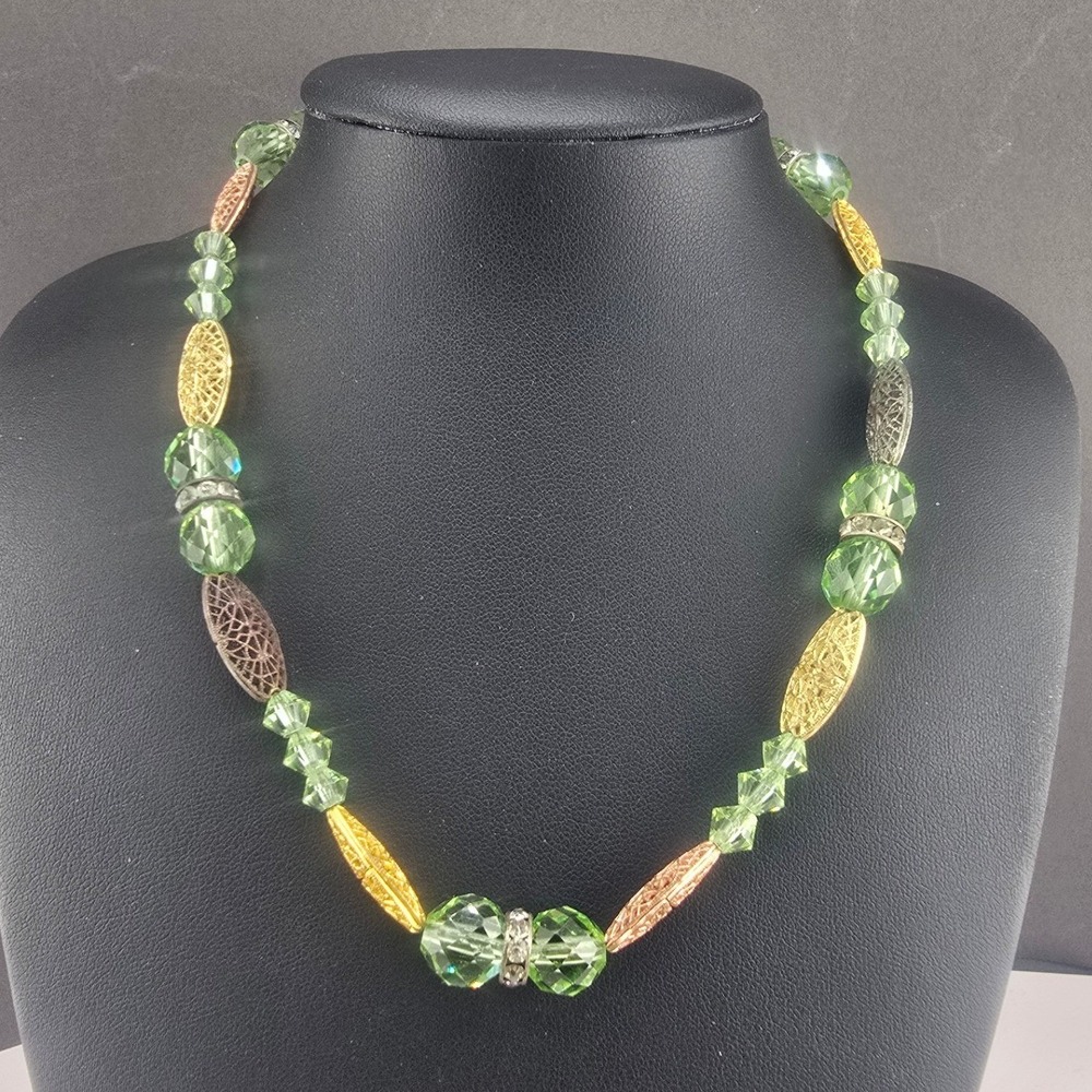 Vintage Estate Necklace Green Crystal Filigree Mixed Metal 16in